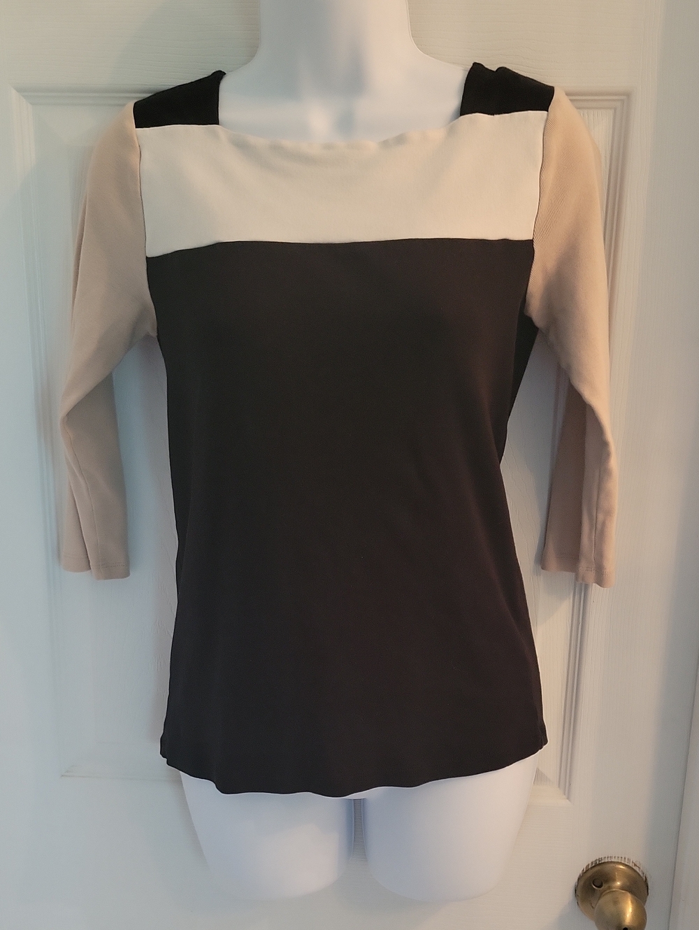 Ann Taylor Black, Cream & Tan Colorblock Boatneck Blouse